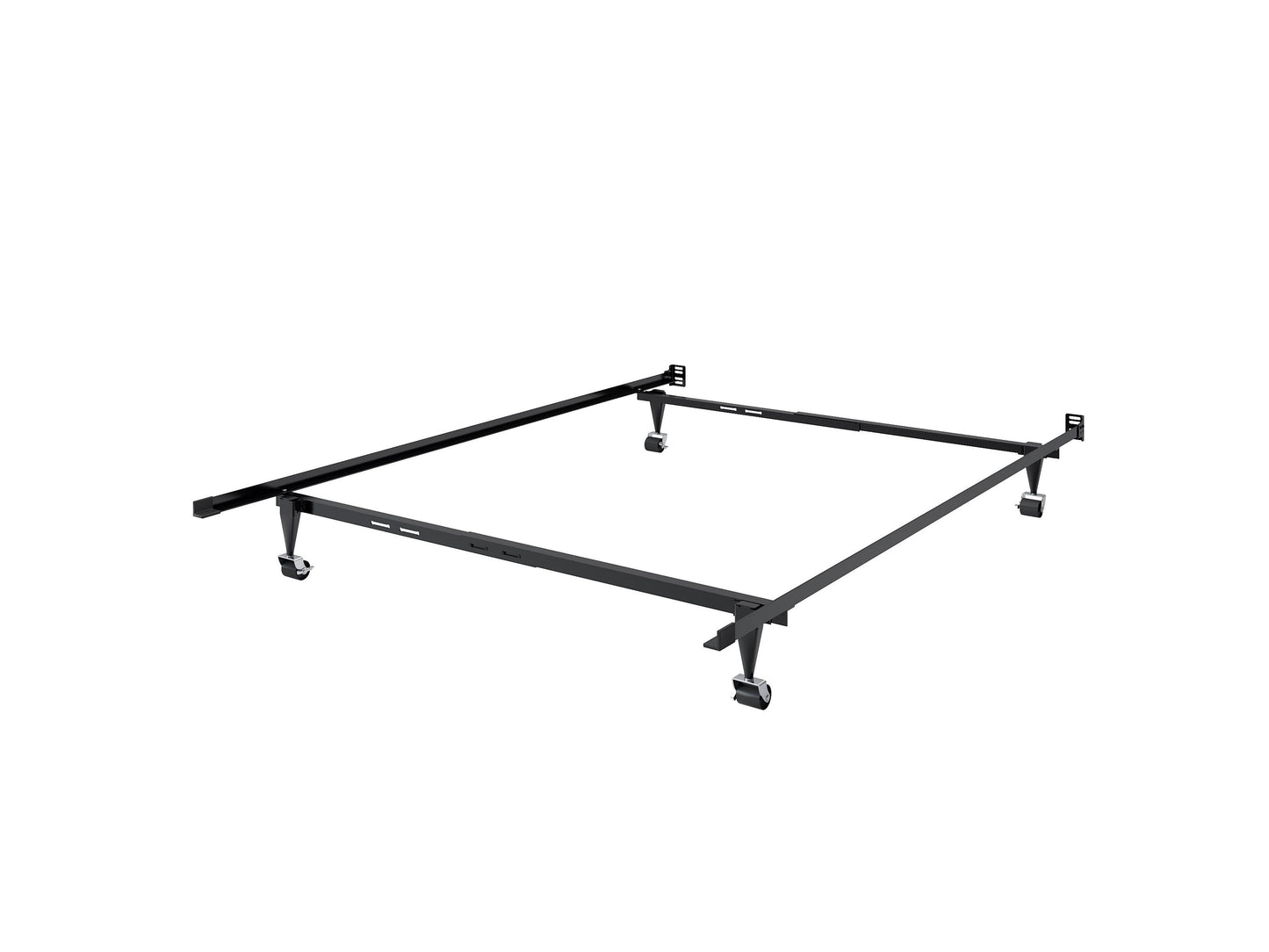 Adjustable metal bed frame in sleek black finish, suitable for twin and full mattresses, featuring sturdy construction, easy assembly, and durable support slats for enhanced stability and comfort.