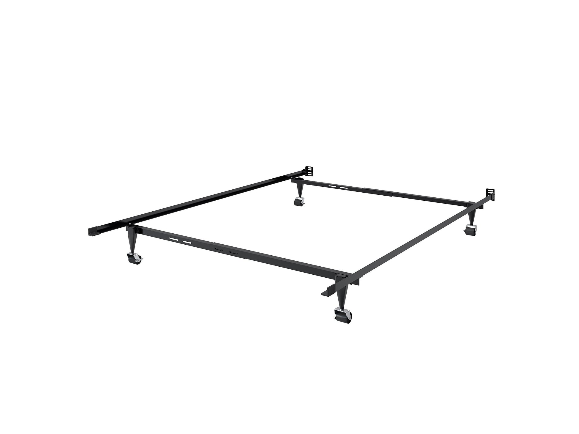 Adjustable metal bed frame in sleek black finish, suitable for twin and full mattresses, featuring sturdy construction, easy assembly, and durable support slats for enhanced stability and comfort.