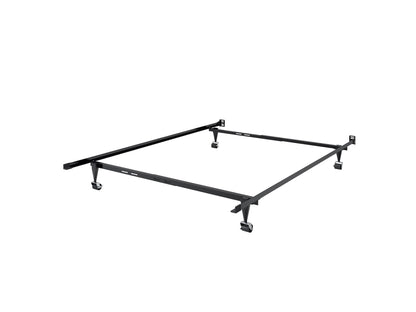 Adjustable metal bed frame in sleek black finish, suitable for twin and full mattresses, featuring sturdy construction, easy assembly, and durable support slats for enhanced stability and comfort.