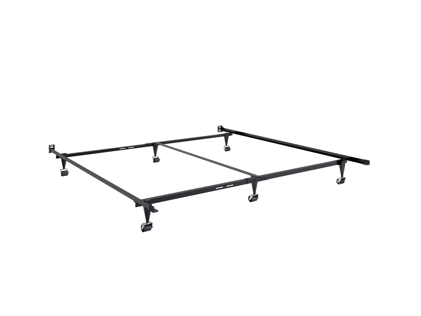 Adjustable metal bed frame in black, suitable for queen and king sizes, featuring sturdy construction with a sleek design, easy assembly, and durable support for a comfortable night's sleep.