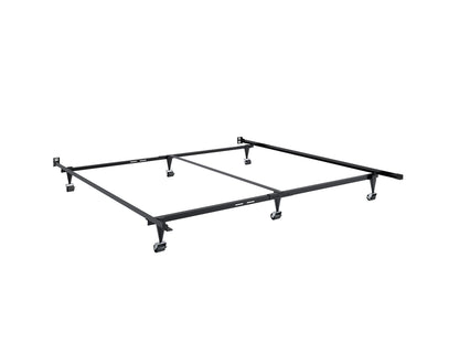 Adjustable metal bed frame in black, suitable for queen and king sizes, featuring sturdy construction with a sleek design, easy assembly, and durable support for a comfortable night's sleep.