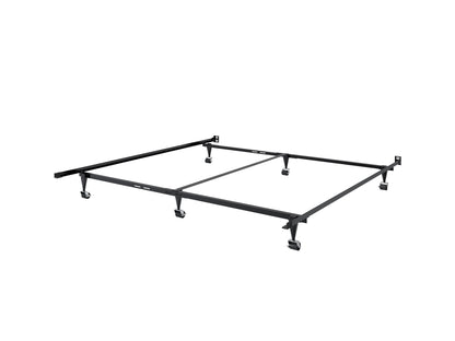 Alt text: Adjustable metal bed frame in black, suitable for queen and king sizes, featuring durable construction and sleek design for modern bedrooms.
