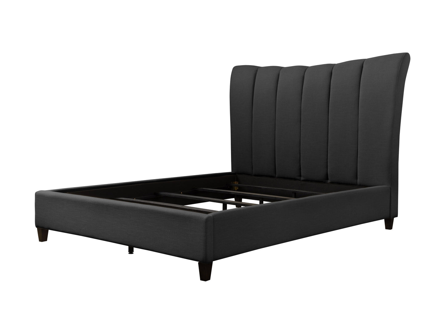 Dark grey channel tufted queen bed with plush upholstery and sleek wooden legs.