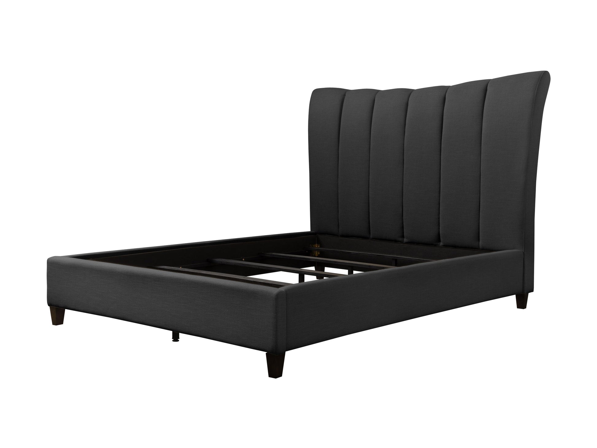 Dark grey channel tufted queen bed with plush upholstery and sleek wooden legs.