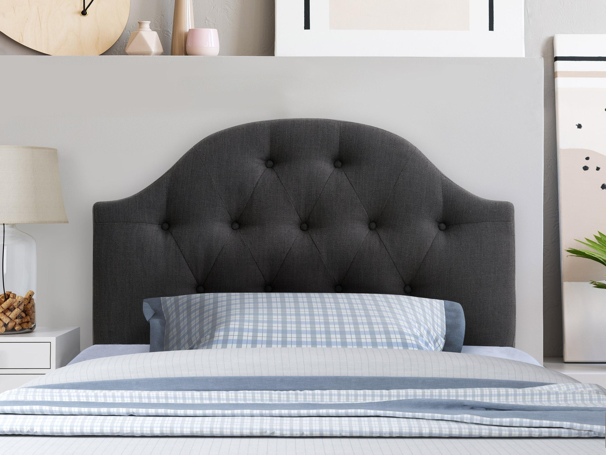 Dark grey diamond tufted headboard, twin/single size, plush fabric, elegant bedroom decor.