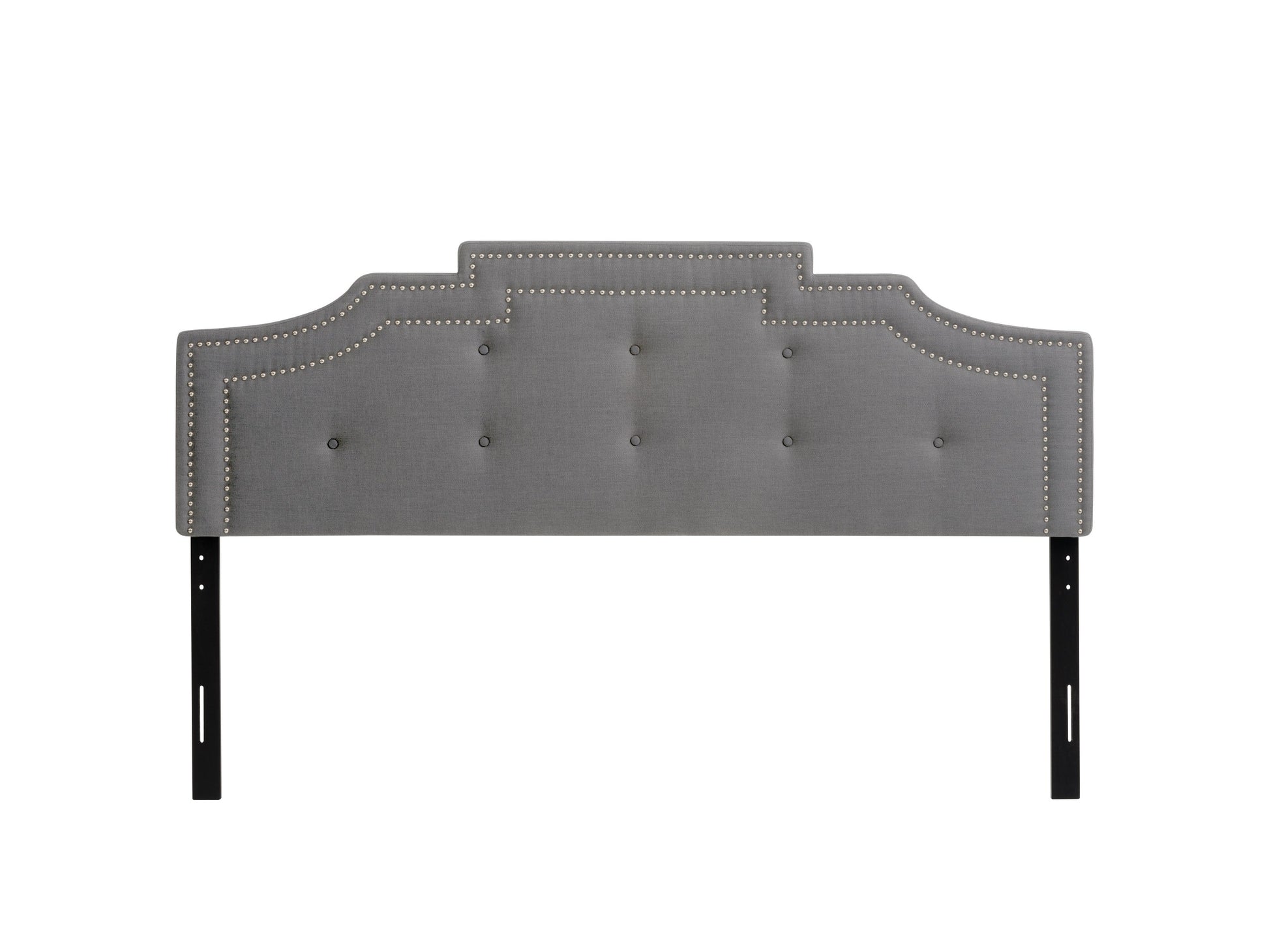Light grey padded king headboard with tufted design and soft fabric upholstery.