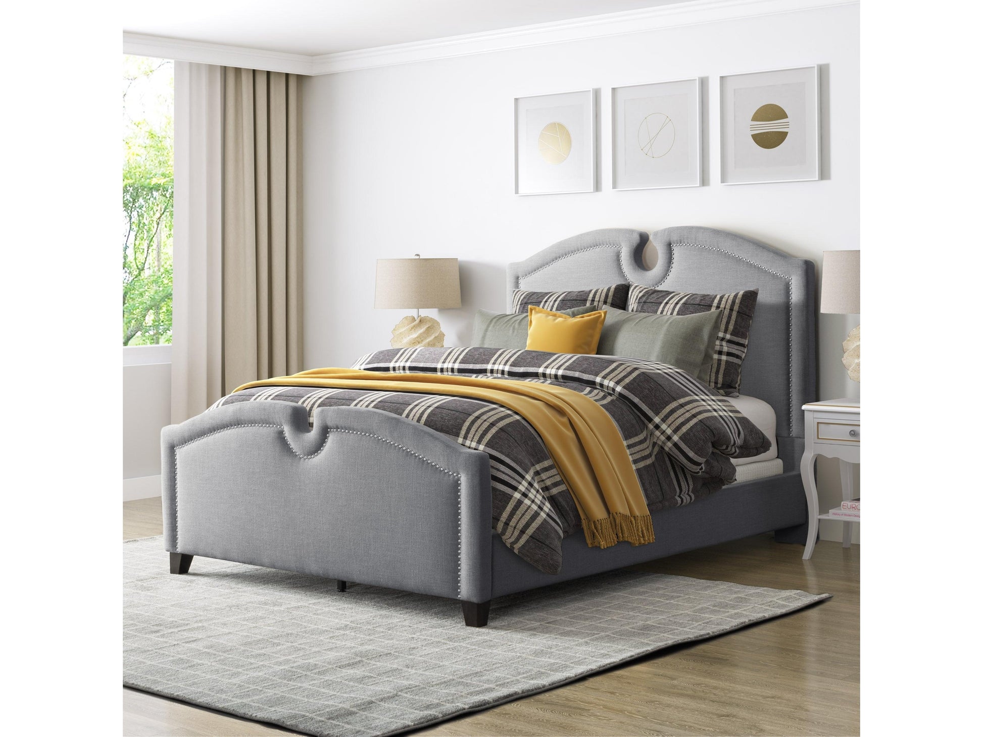 Modern wooden platform bed with clean lines, featuring a light oak finish, minimalist headboard, and sturdy frame, complemented by white bedding and neutral-toned pillows, perfect for contemporary bedrooms.