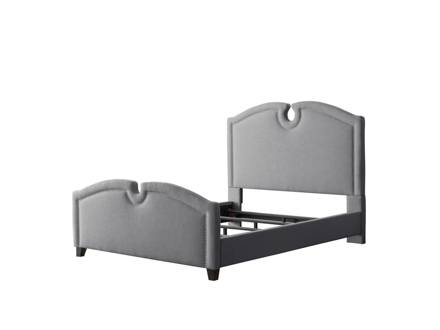 Modern wooden bed frame with light-colored headboard and footboard, featuring a minimalist design and smooth finish, placed in a spacious bedroom with white walls and wooden flooring.
