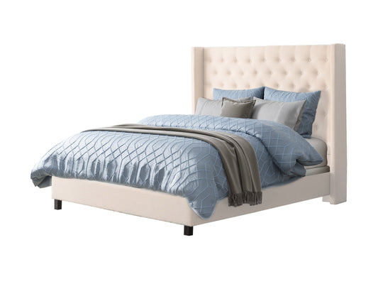 Cream tufted queen bed with upholstered headboard, wooden frame, and elegant design.