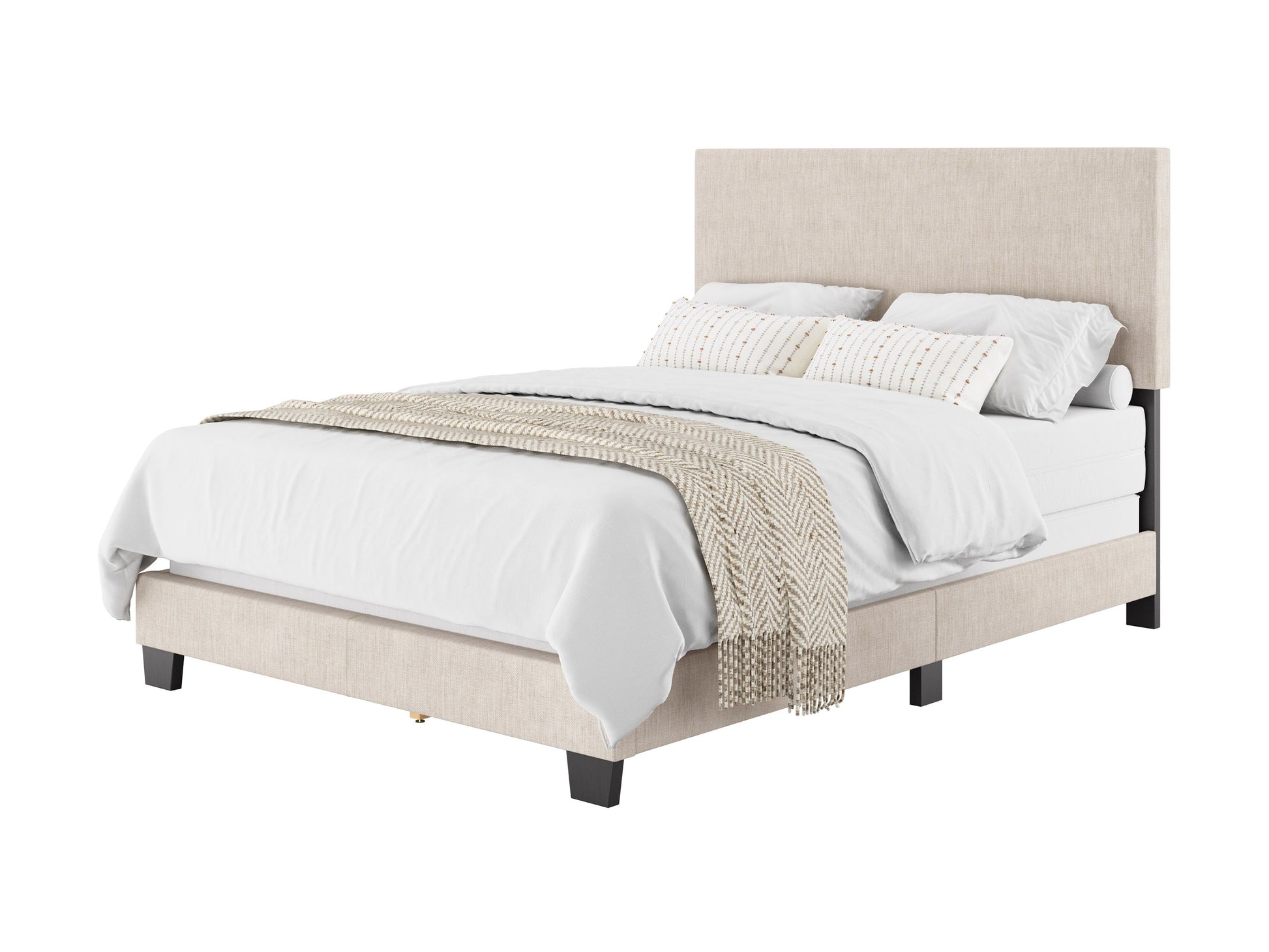 Elegant upholstered platform bed with tall headboard in beige fabric, white bedding, and neutral beige blanket.