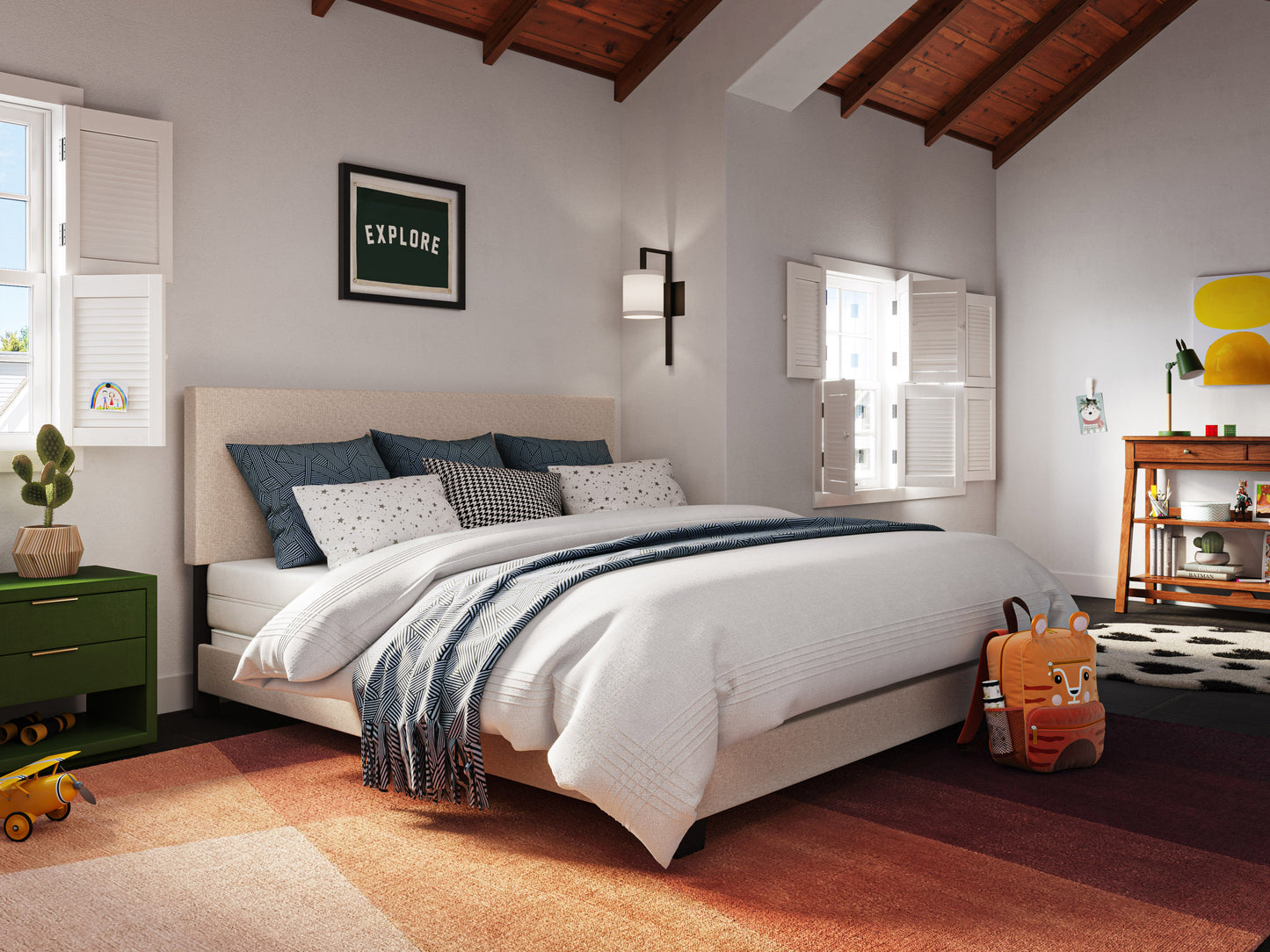 Modern Minimalist Upholstered King Bed, Beige