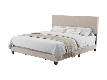Beige upholstered bed with white sheets and knit throw, close view of foot and side.