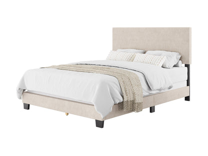 Gray upholstered bed with white bedding and knit throw, product shot from bedside angle.