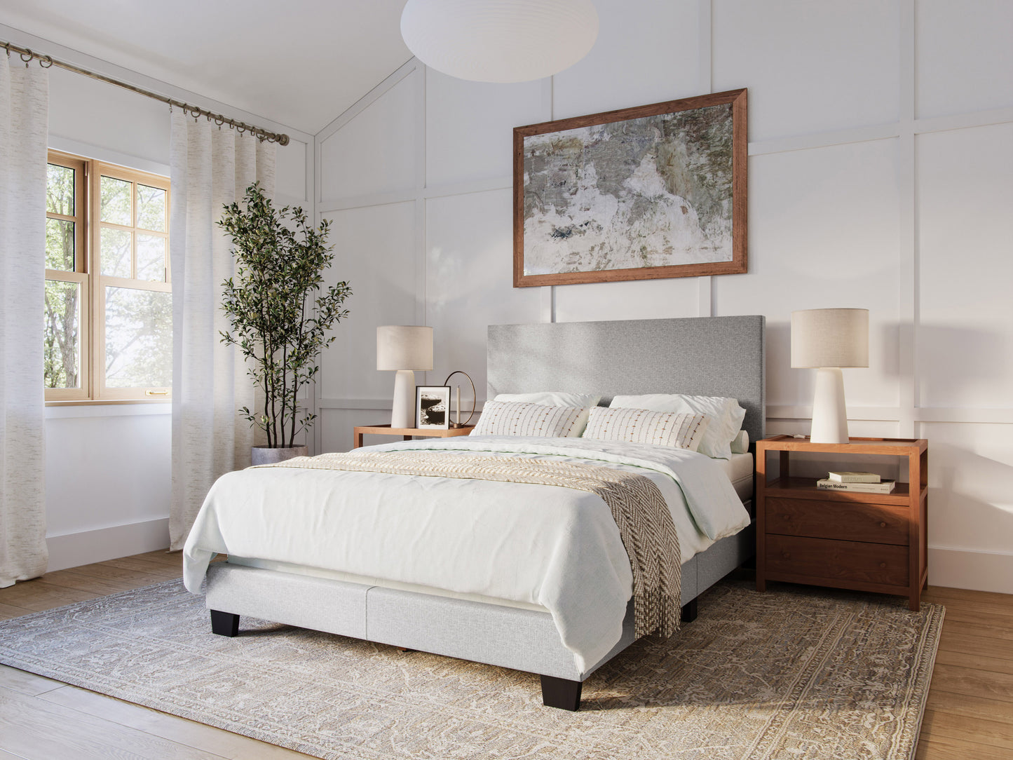 Modern Minimalist Upholstered Full Bed, Light Gray