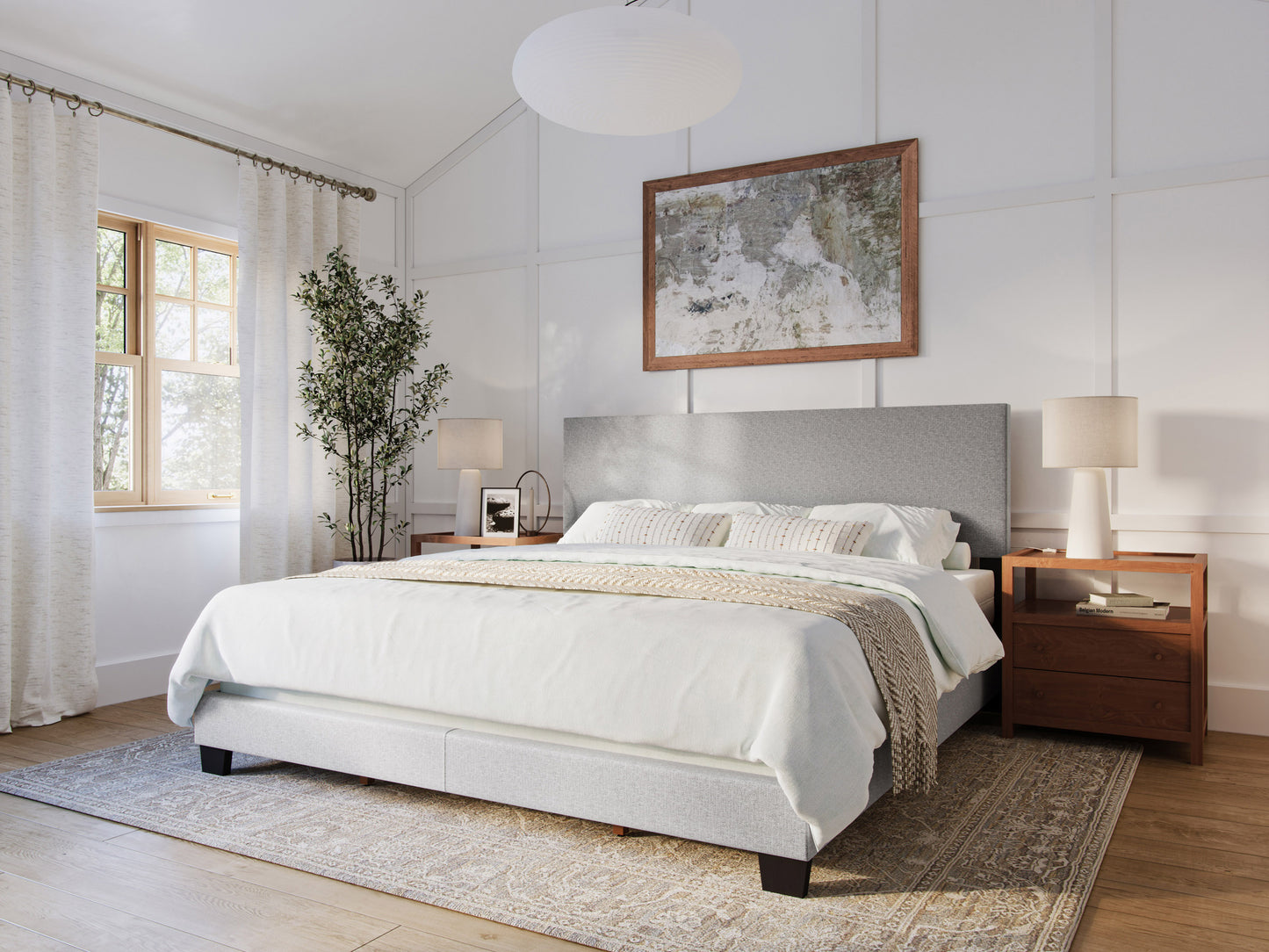 Modern Minimalist Upholstered King Bed, Light Gray