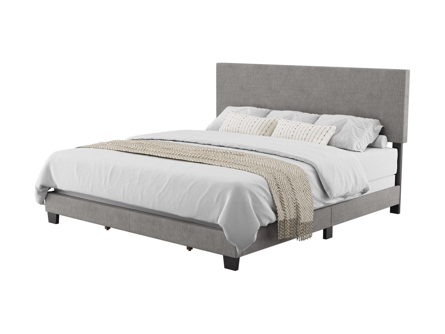 Modern Minimalist Upholstered King Bed, Light Gray