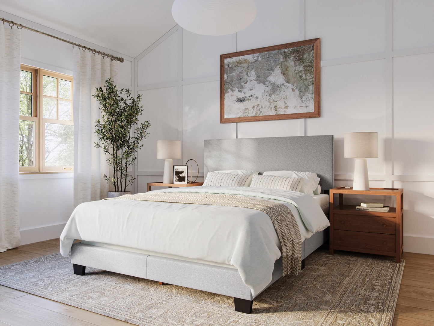 Modern Minimalist Upholstered Queen Bed, Light Gray