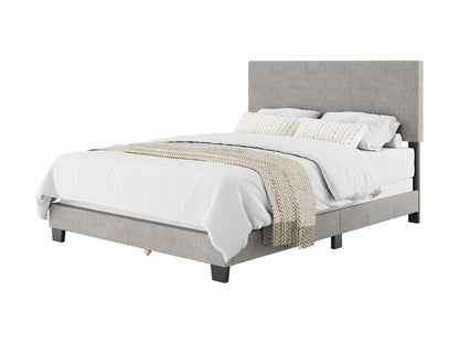 Same bed frame in light gray fabric with white bedding and beige throw, clean product shot.