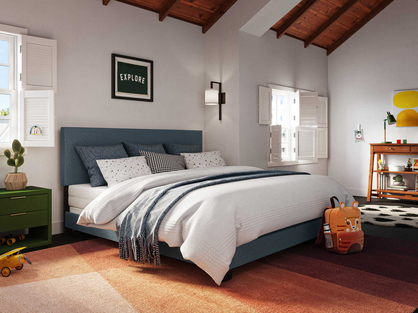 Modern Minimalist Upholstered King Bed, Blue