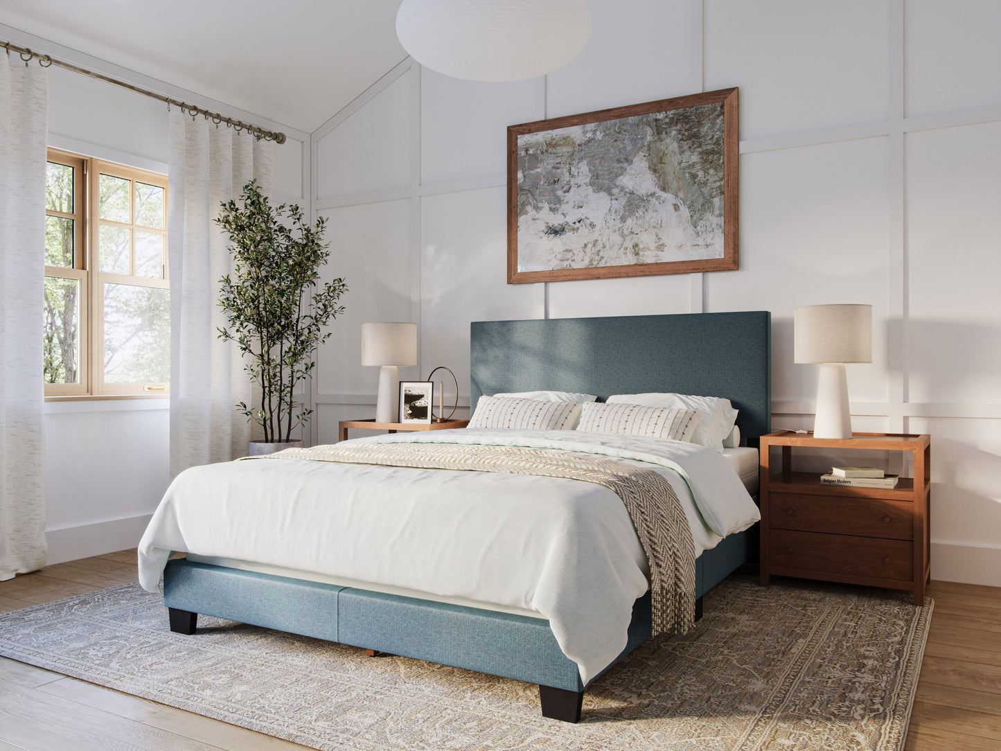 Modern Minimalist Upholstered Queen Bed, Blue