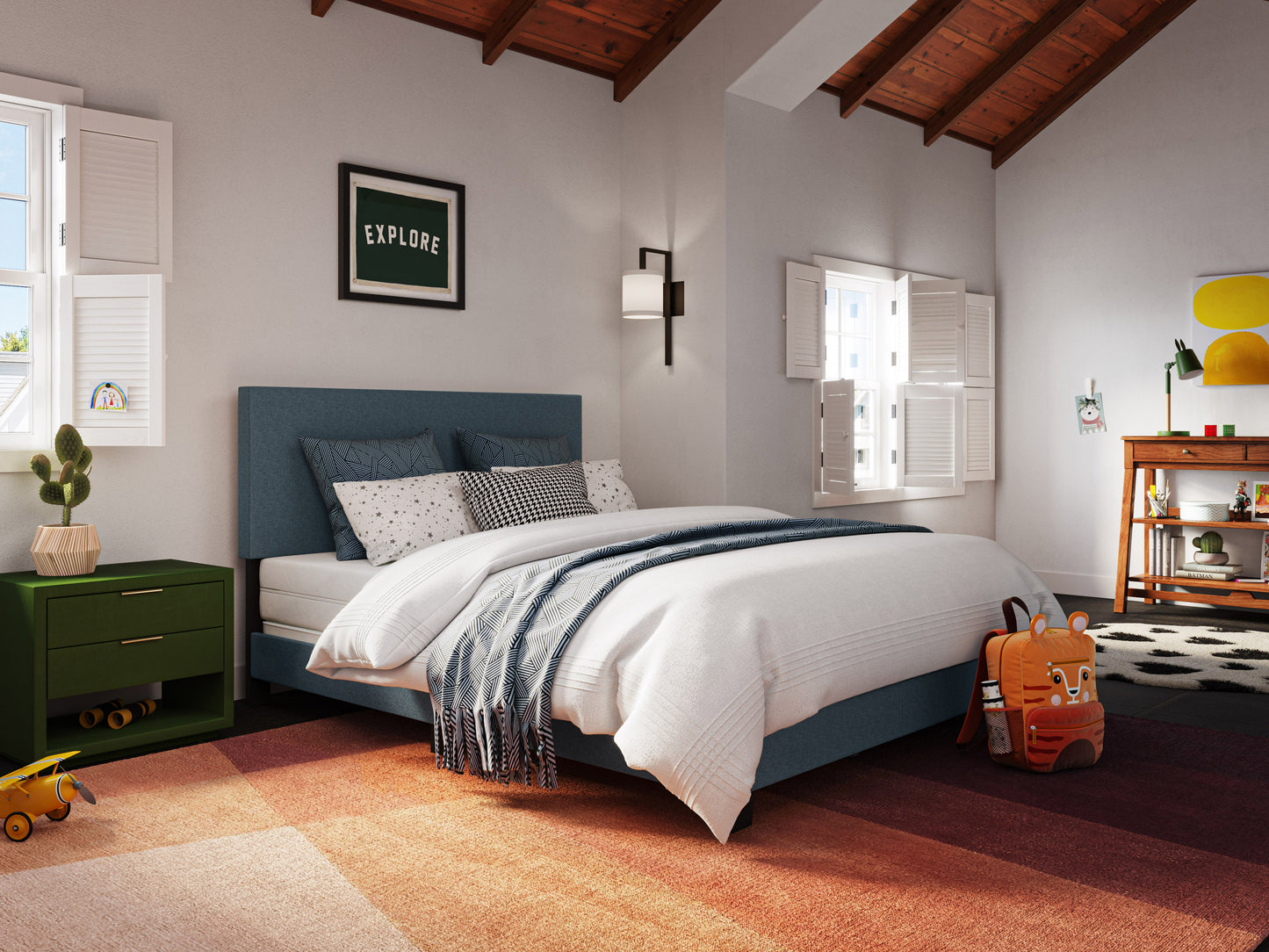 Modern Minimalist Upholstered Queen Bed, Blue