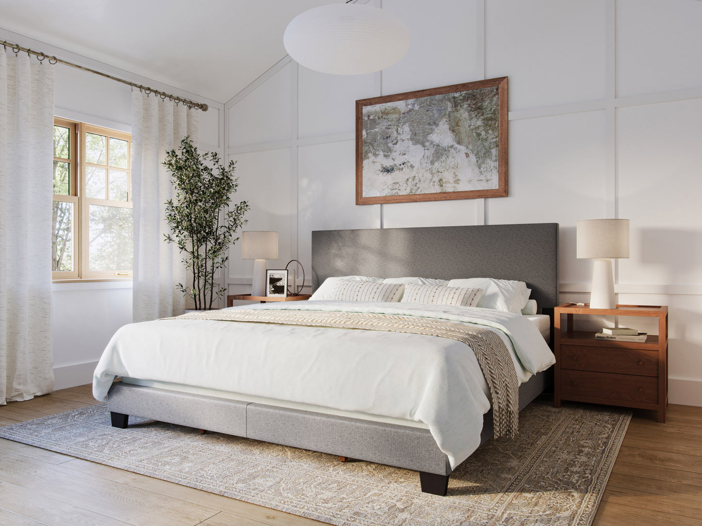 Modern Minimalist Upholstered King Bed, Dark Gray