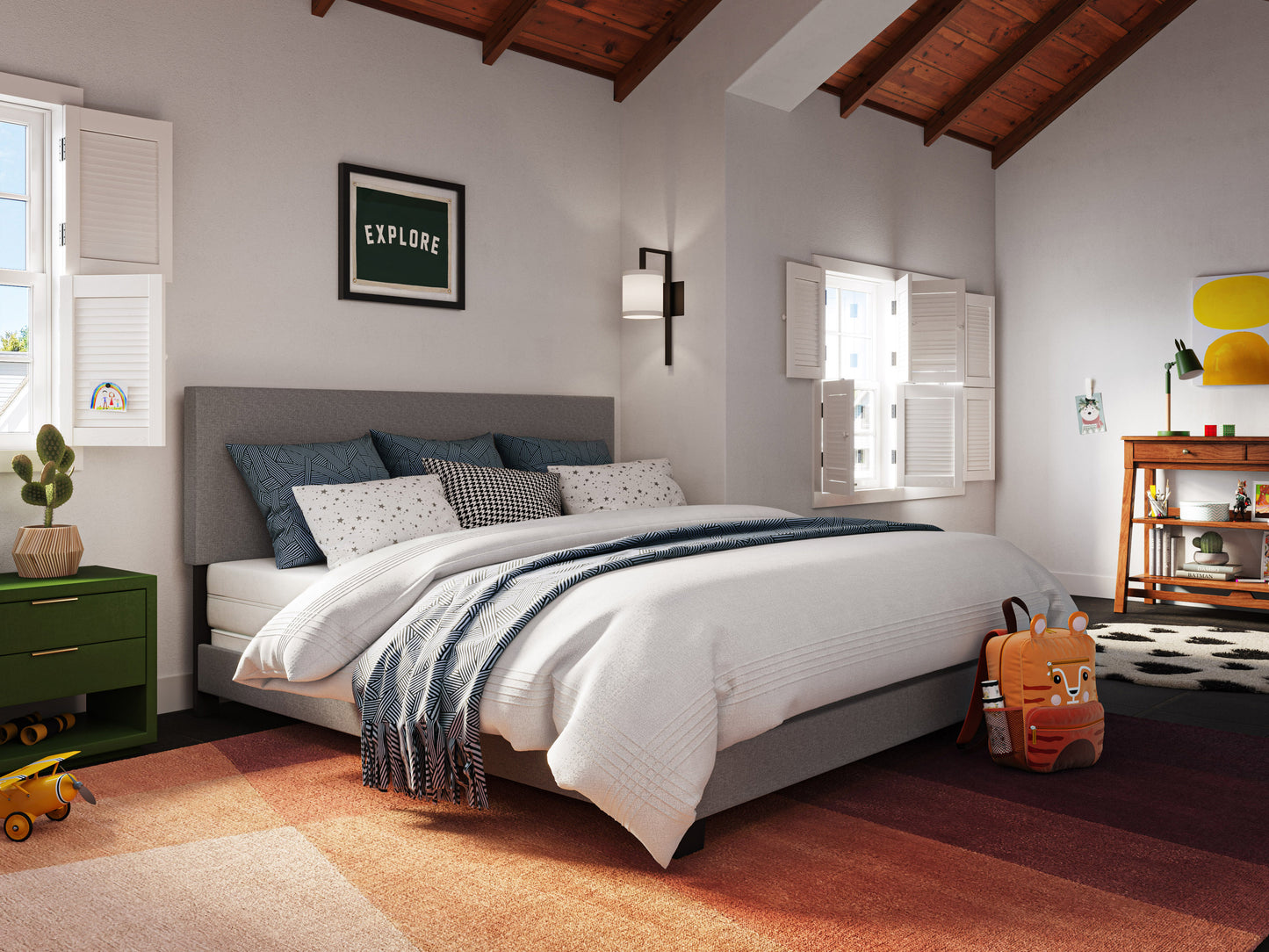 Modern Minimalist Upholstered King Bed, Dark Gray