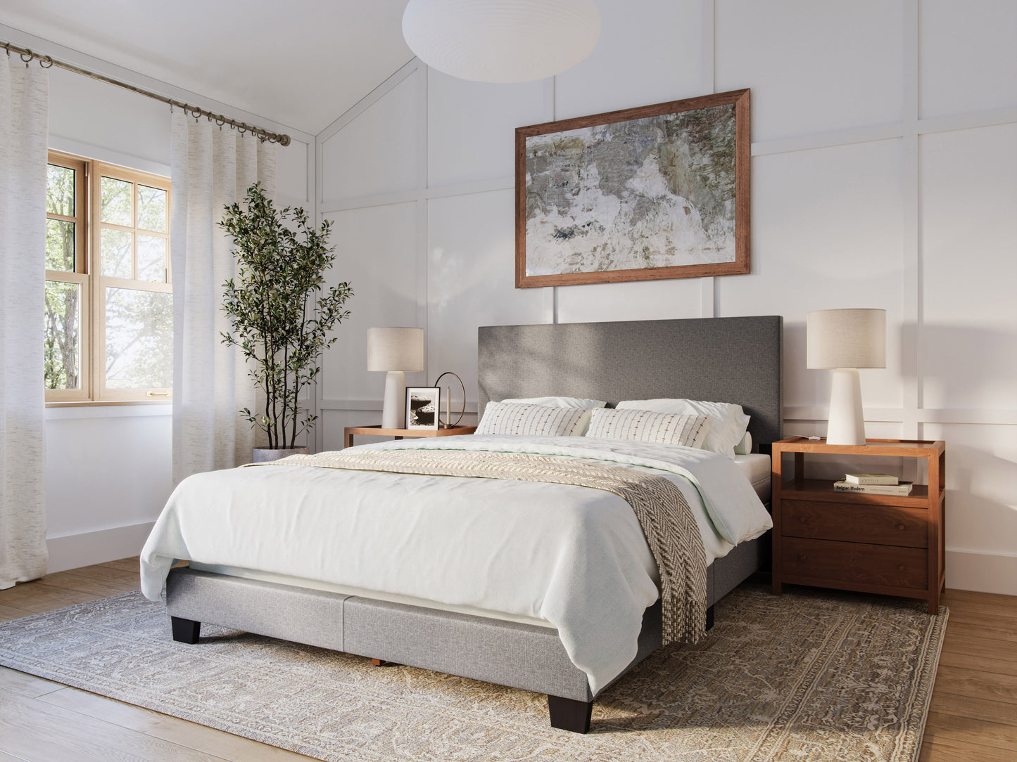 Modern Minimalist Upholstered Queen Bed, Dark Gray