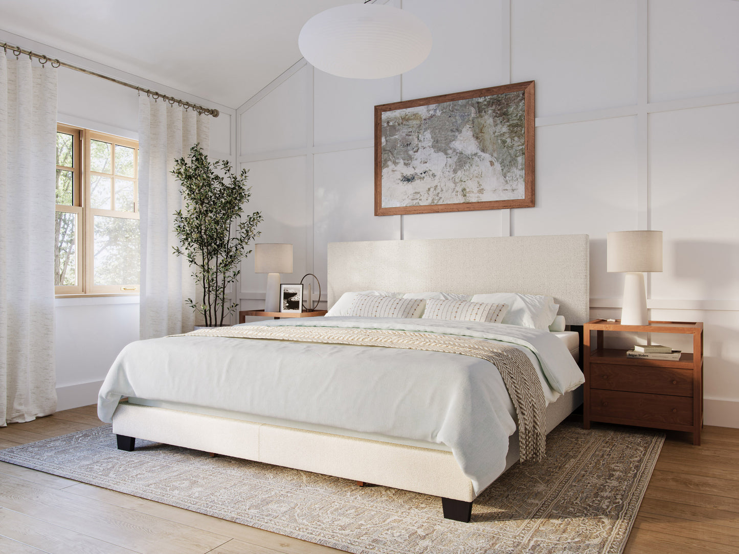 Modern Minimalist Boucle King Bed, Off White