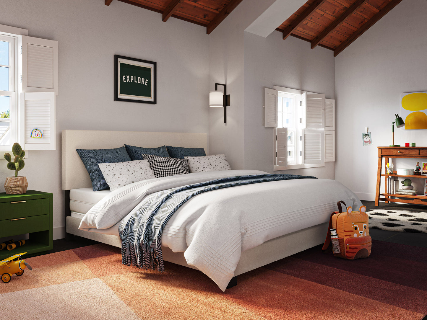Modern Minimalist Boucle King Bed, Off White
