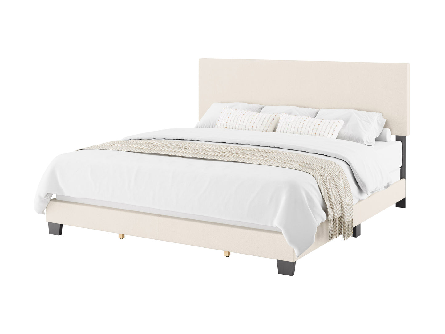 Modern Minimalist Boucle King Bed, Off White