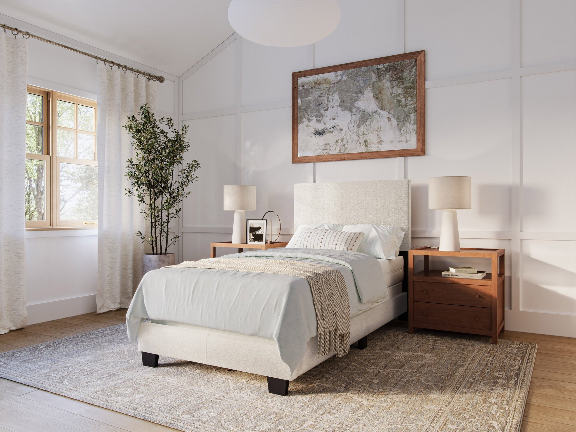 Boucle twin bed with cream fabric, wooden legs, and tufted headboard for a cozy, modern bedroom.