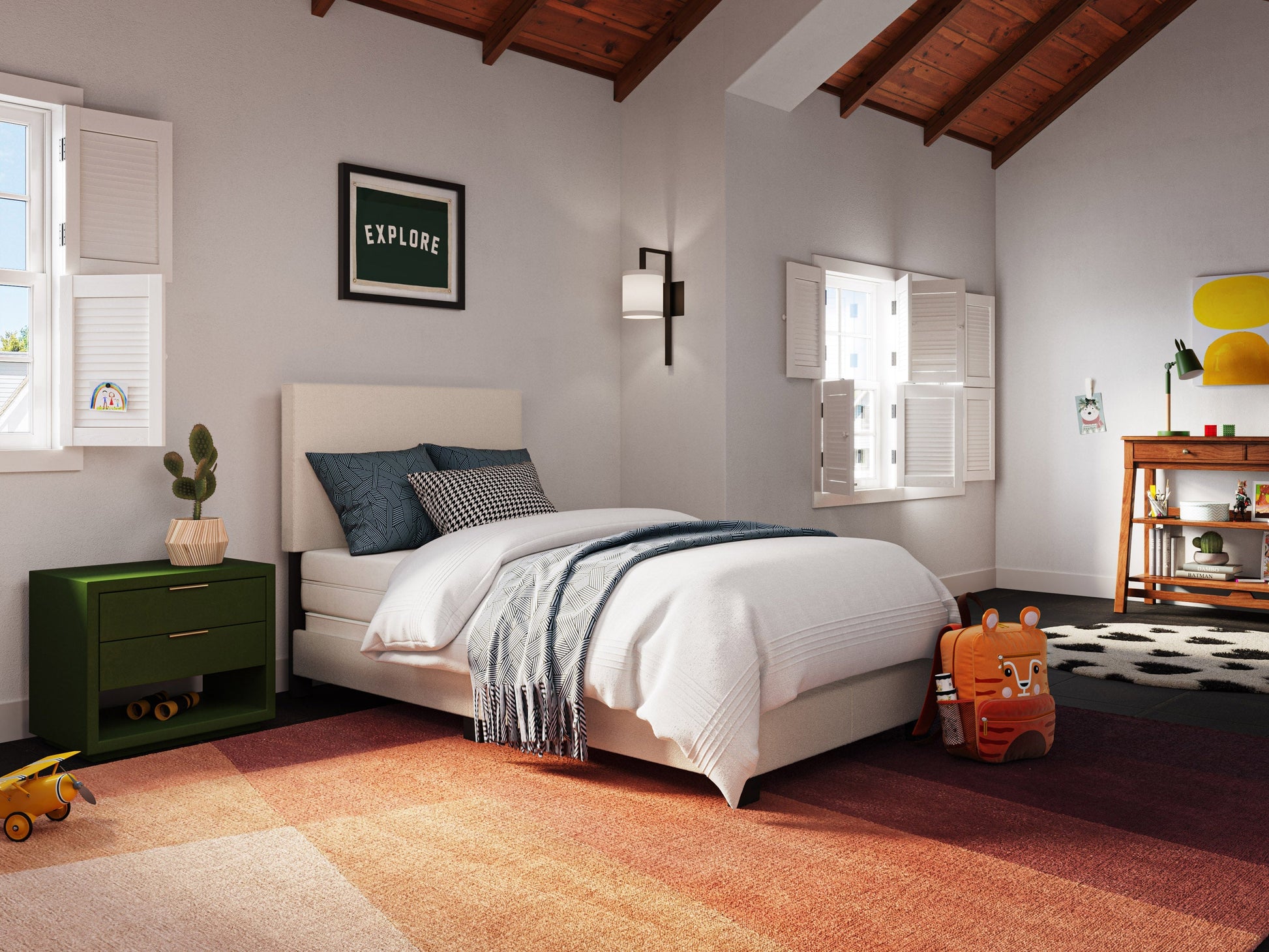 Boucle twin bed with white textured fabric, wooden legs, and minimalist design for modern bedrooms.