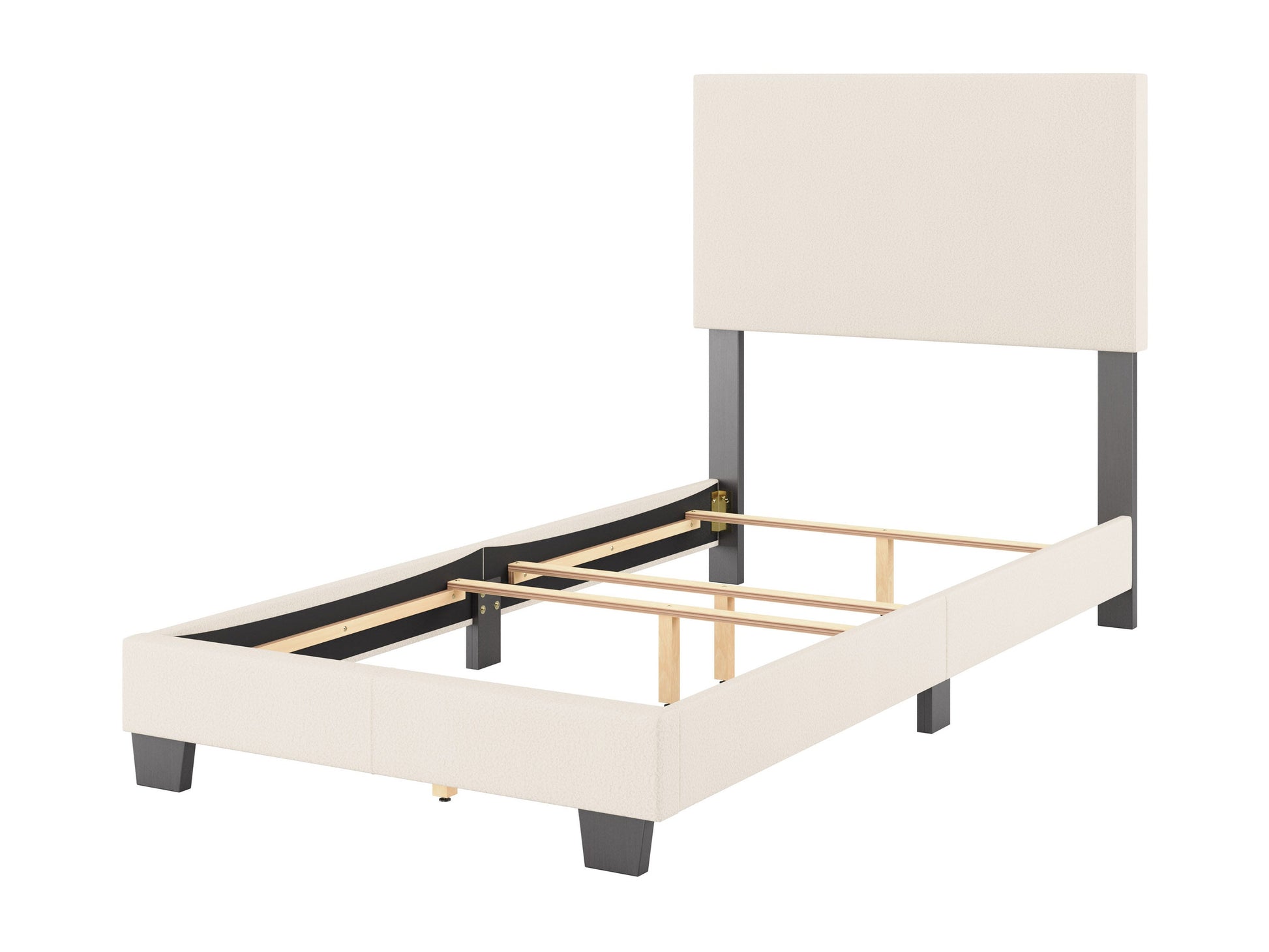Boucle twin bed with white textured fabric, wooden legs, and minimalist design.