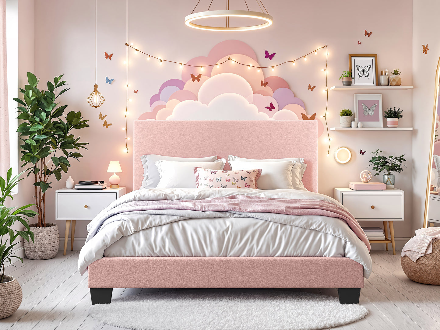 Modern Minimalist Boucle Full Bed, Pink