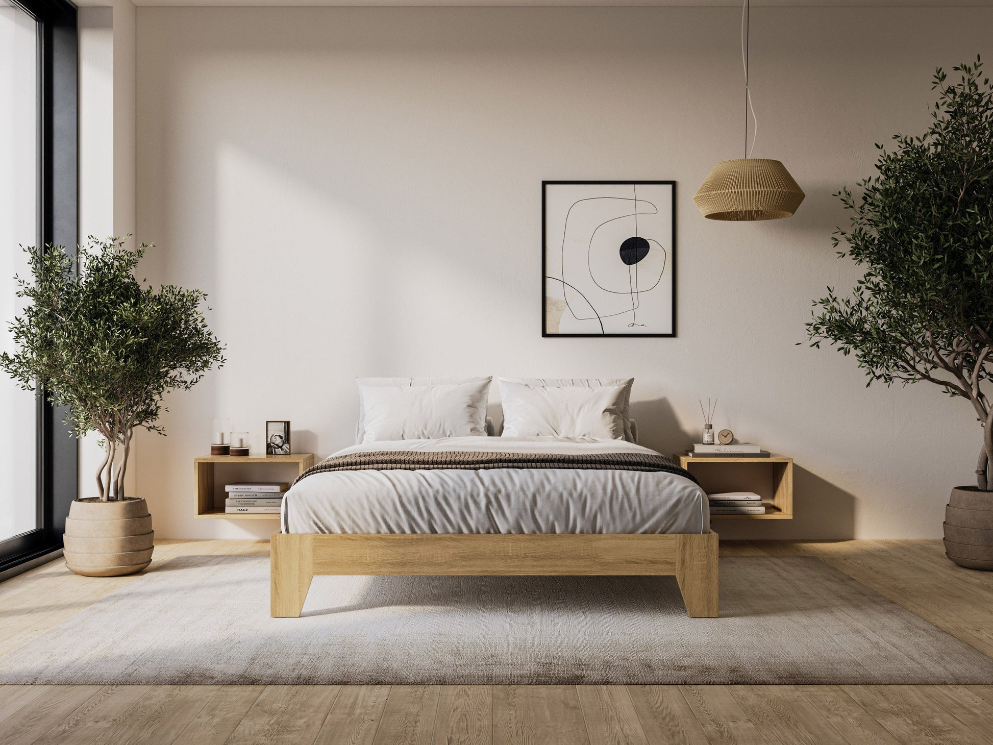 Queen platform bed with grey upholstered headboard, wooden frame, and minimalist design.