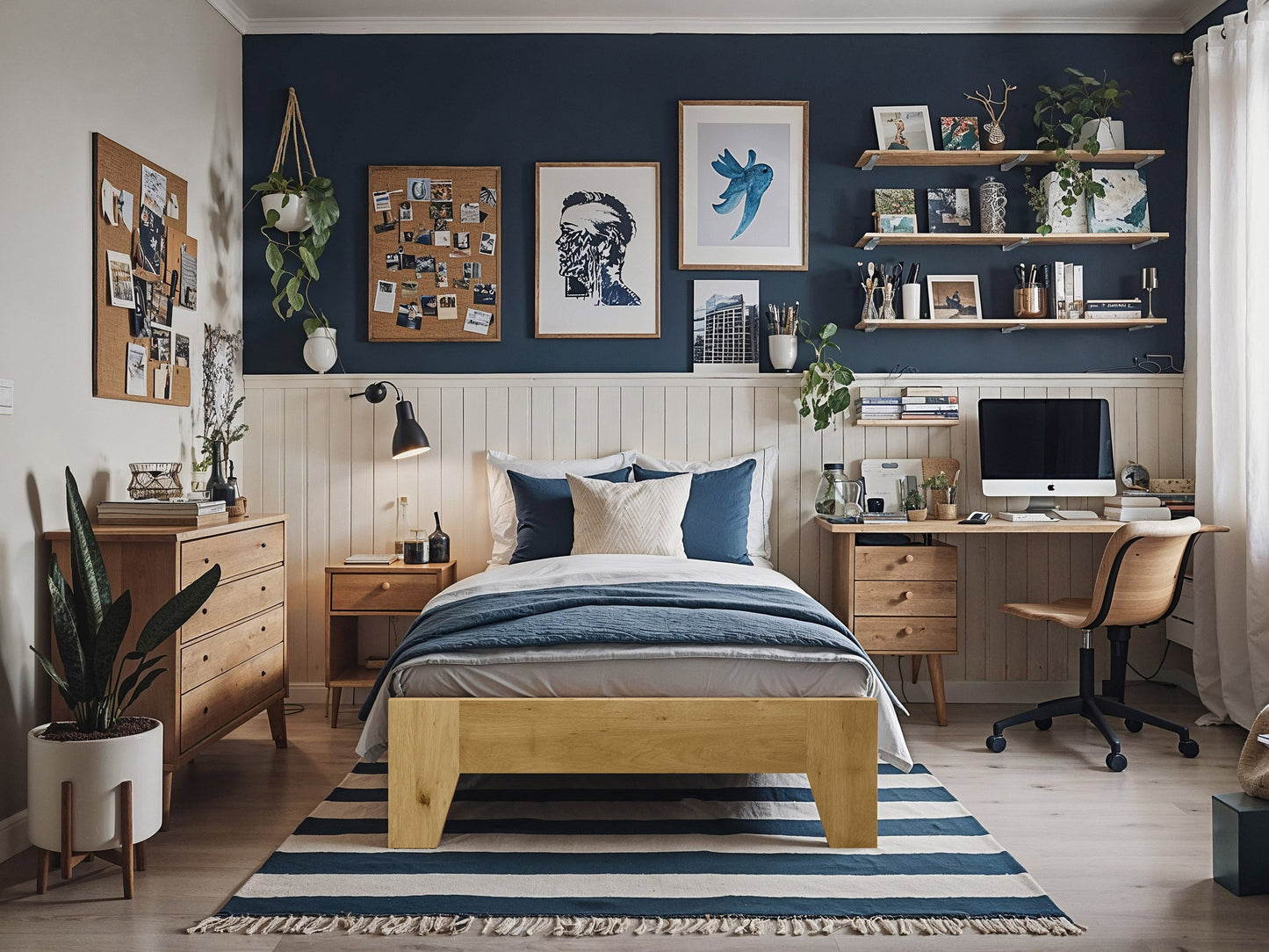Queen platform bed with grey upholstered headboard, wooden frame, and minimalist design.