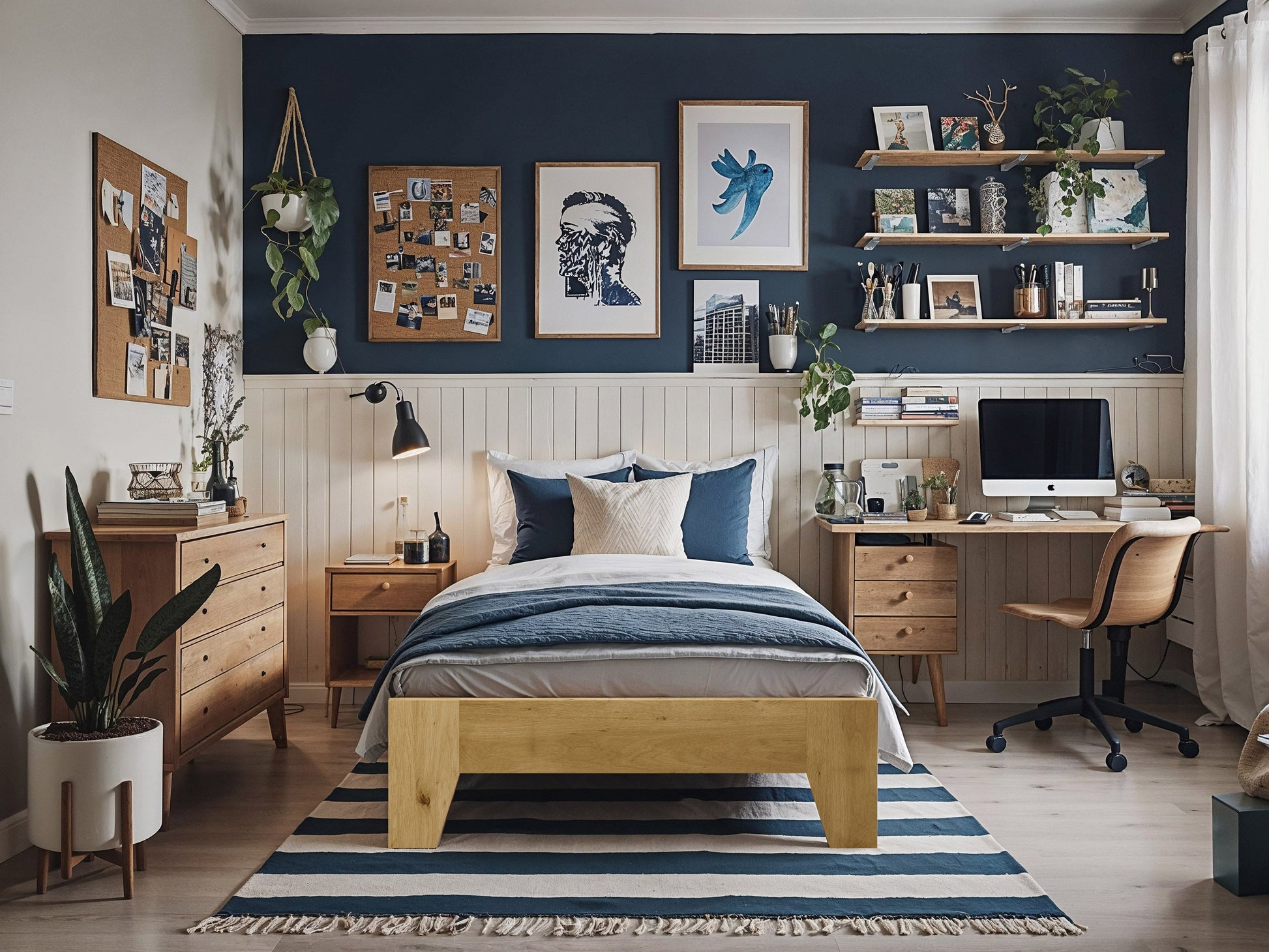 Queen platform bed with grey upholstered headboard, wooden frame, and minimalist design.