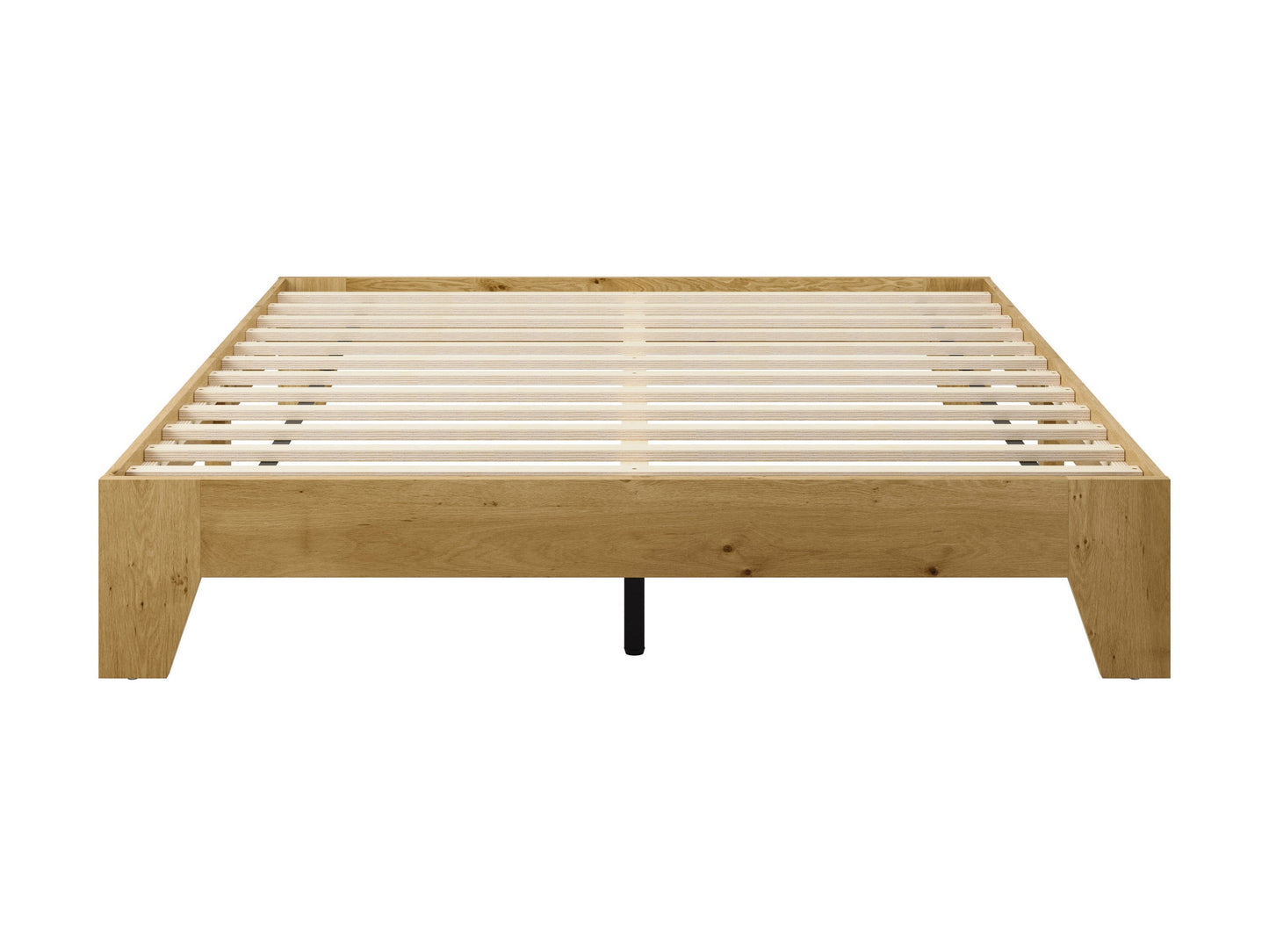 Queen platform bed with grey upholstered headboard, wooden frame, and minimalist design.