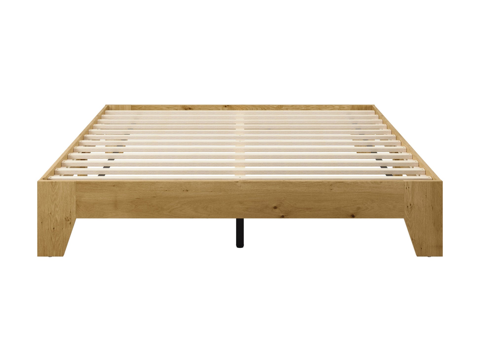 Queen platform bed with grey upholstered headboard, wooden frame, and minimalist design.