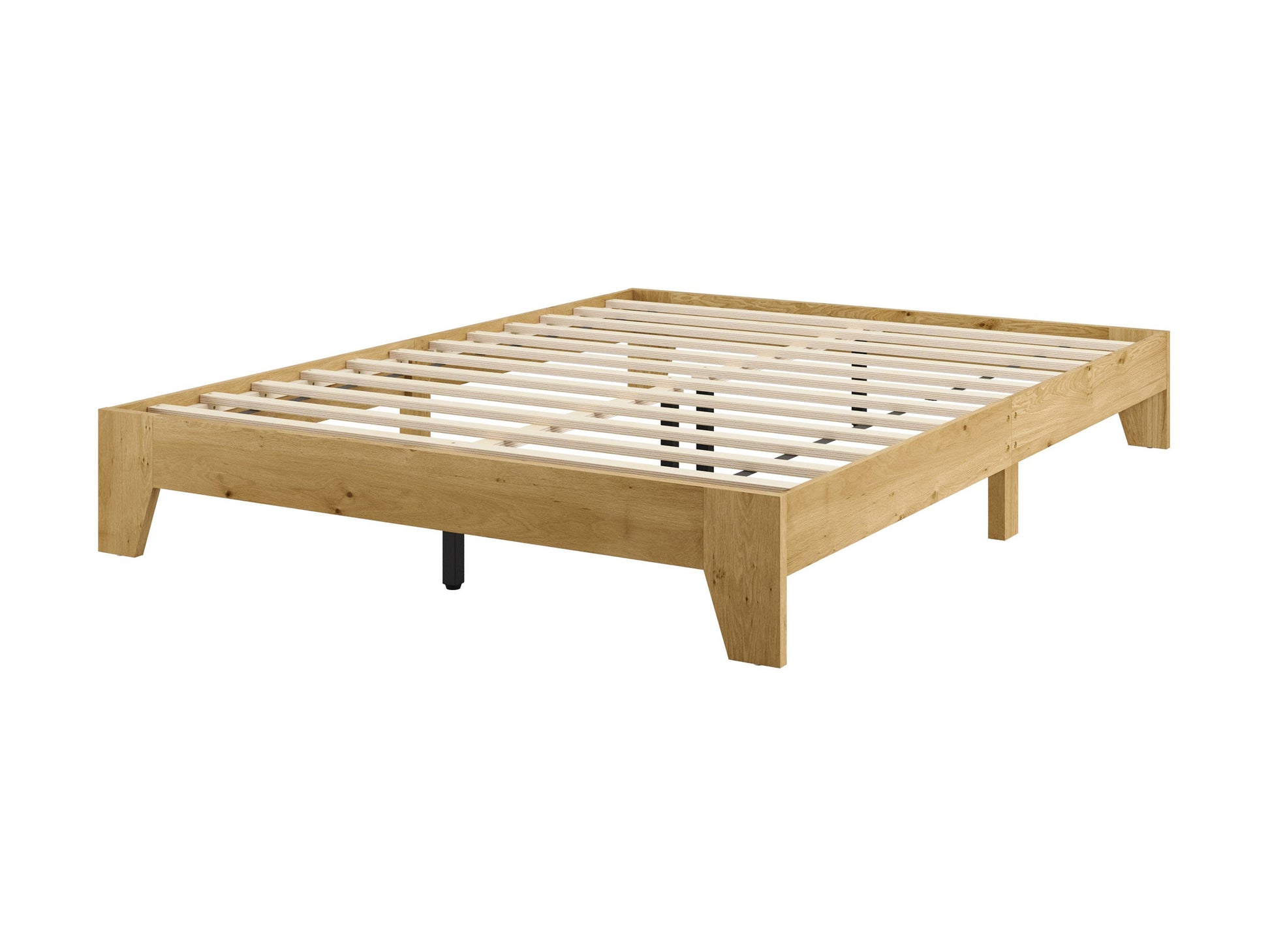 Queen platform bed with grey upholstered headboard, wooden frame, and minimalist design.
