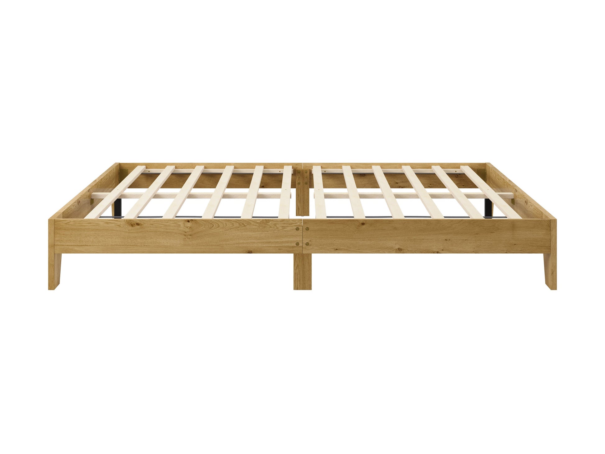Queen platform bed with dark wood frame, grey upholstered headboard, and modern minimalist design.