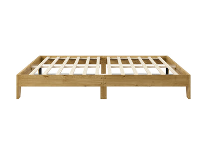 Queen platform bed with dark wood frame, grey upholstered headboard, and modern minimalist design.