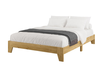 Modern queen platform bed with grey upholstered headboard, wooden frame, and minimalist design.