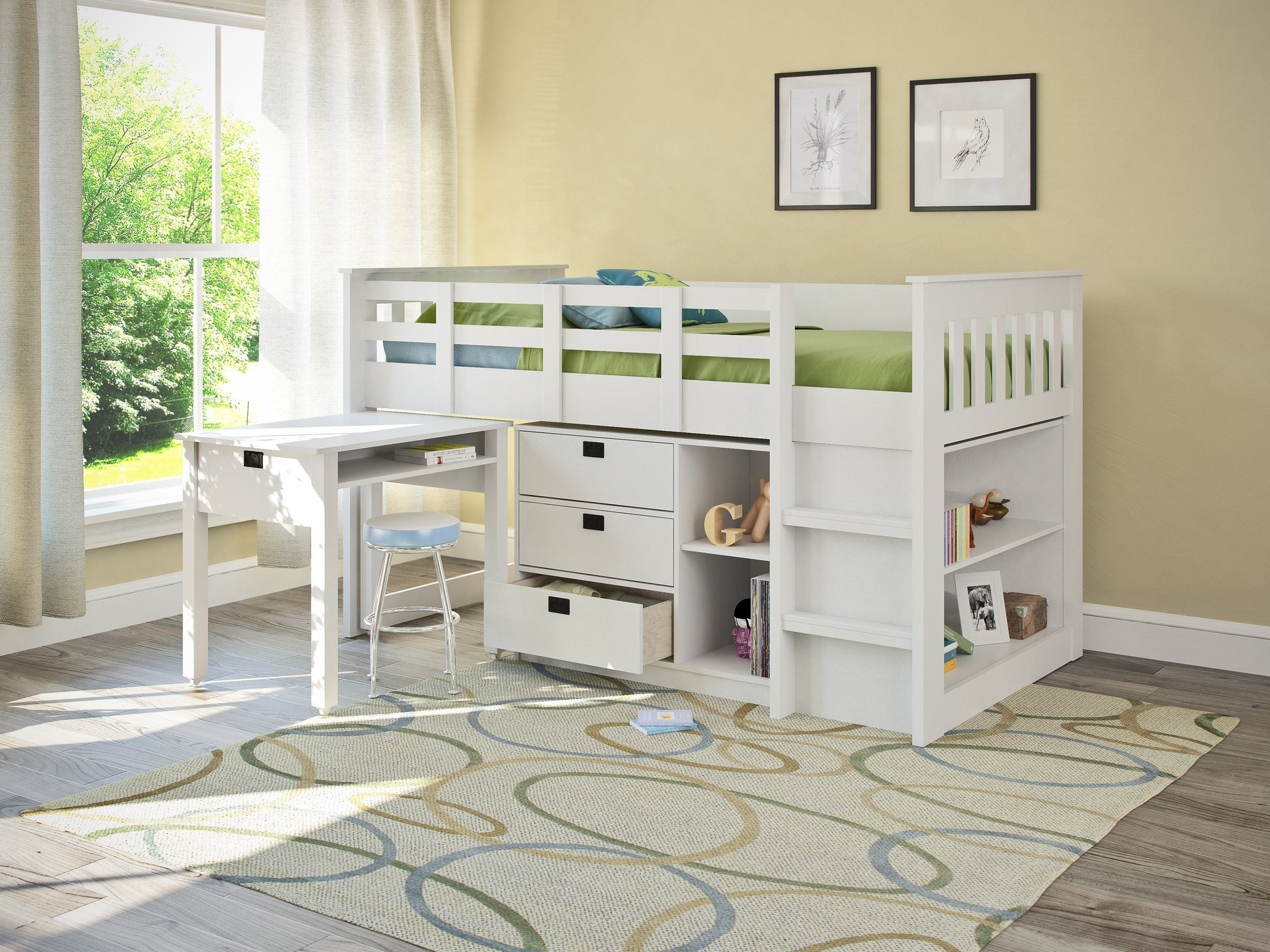 Twin loft bed with storage in white finish, featuring built-in drawers, shelves, and a ladder. Constructed from sturdy wood, the bed maximizes space with its multifunctional design, ideal for small bedrooms.