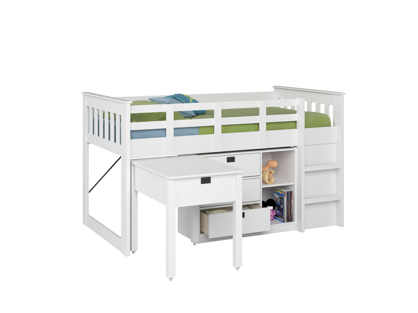 Modern twin loft bed with storage, featuring a sleek white frame, wood accents, built-in desk, and multiple drawers. Ideal space-saving solution for kids' rooms or small apartments.