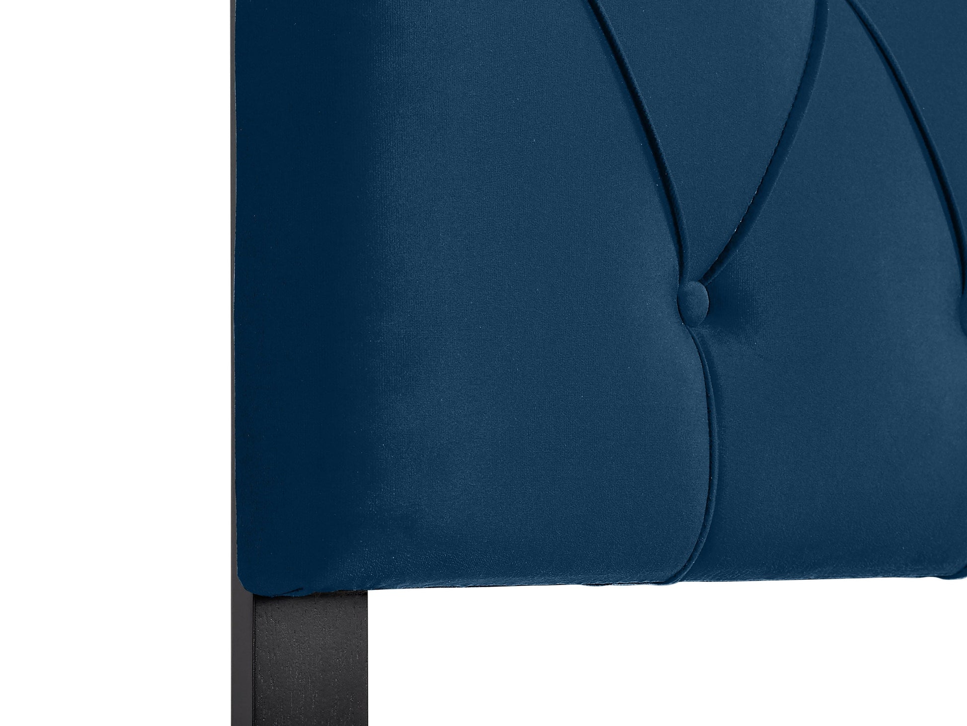 Navy blue velvet headboard, queen size, with tufted design and plush texture.