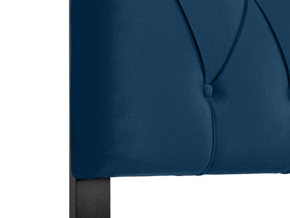 Navy blue velvet headboard, queen size, with tufted design and plush texture.