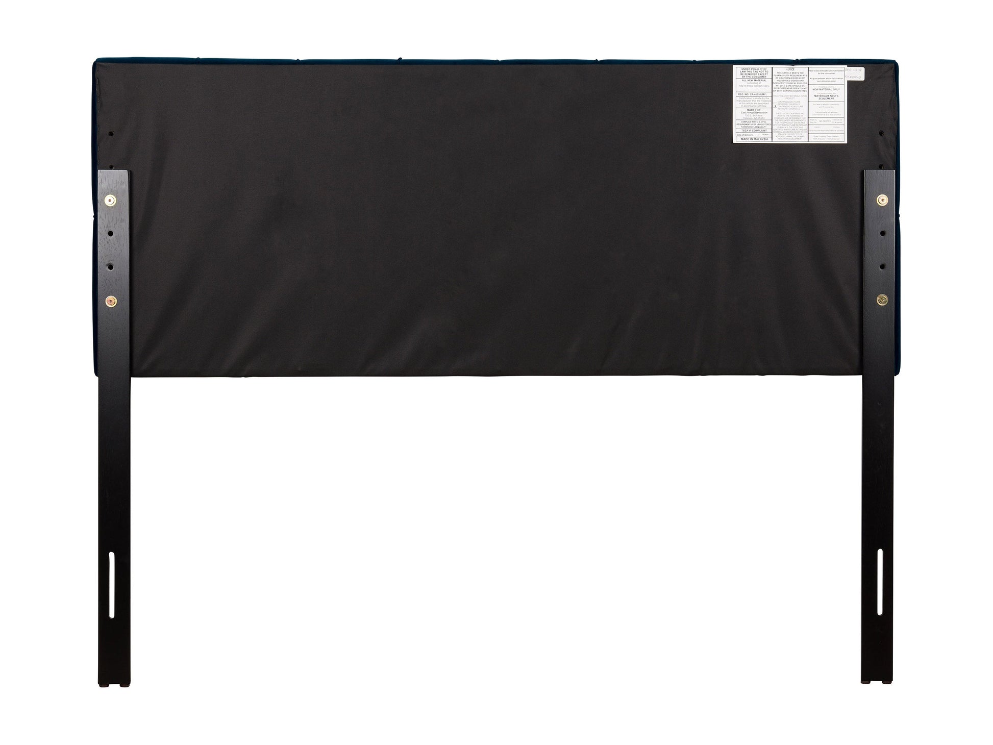 Navy blue velvet queen headboard with tufted design and plush texture.