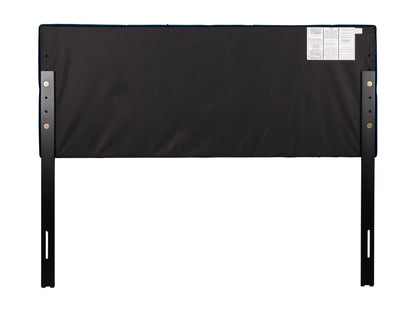Navy blue velvet queen headboard with tufted design and plush texture.